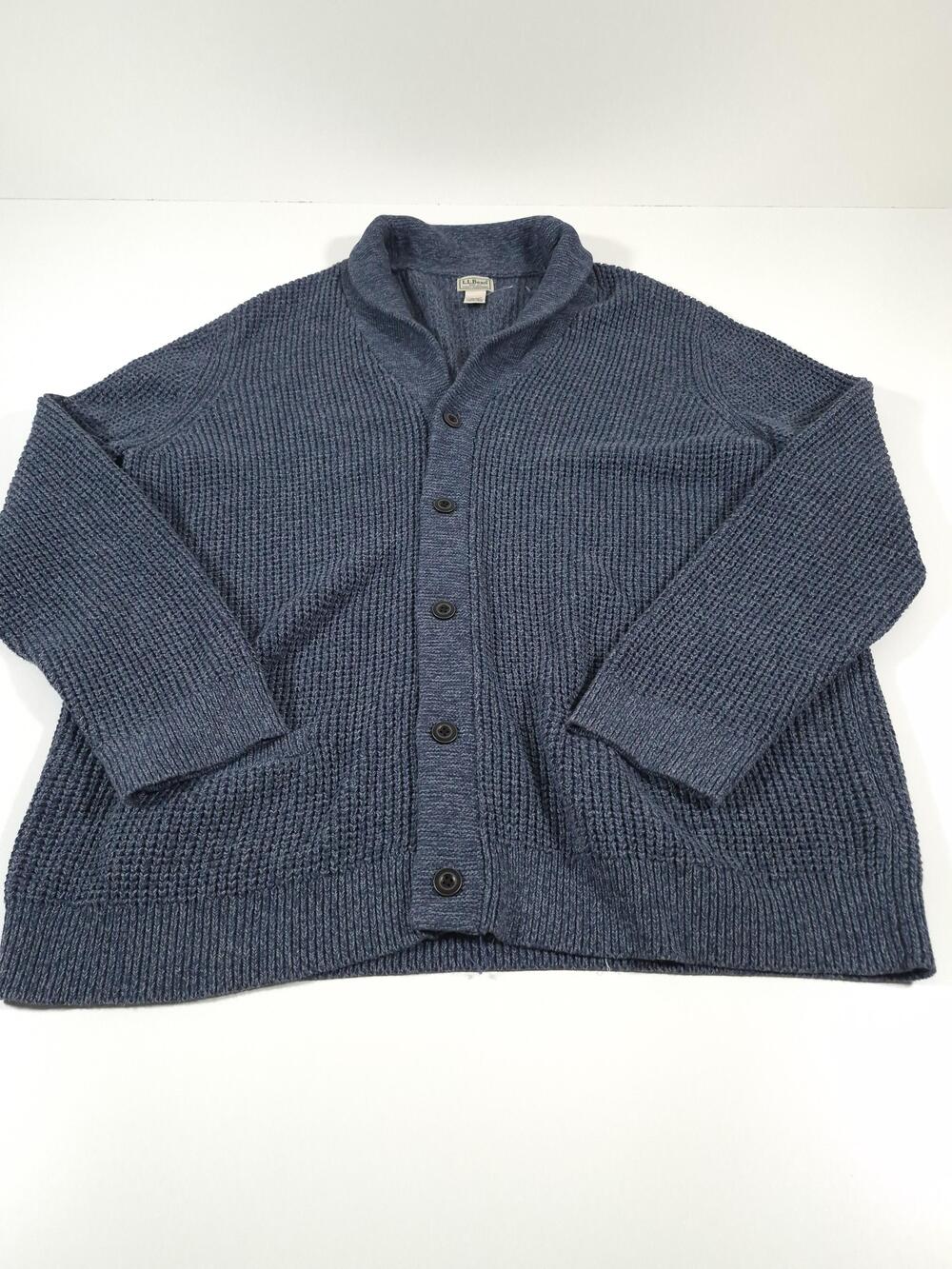 LL Bean Men's Organic Cotton Waffle Sweater Cardigan Blue 3XL